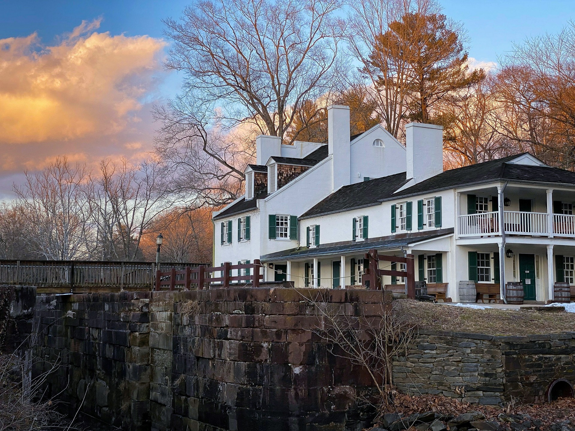 The Great Falls Tavern Visitor Center and Canal Lock 20 at the Chesapeake and Ohio Canal National Historic Park in Potomac Maryland